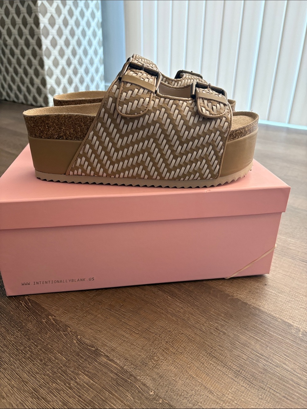 INTENTIONALLY BLANK Beige Woven Platform Slide with Buckles—Sold out